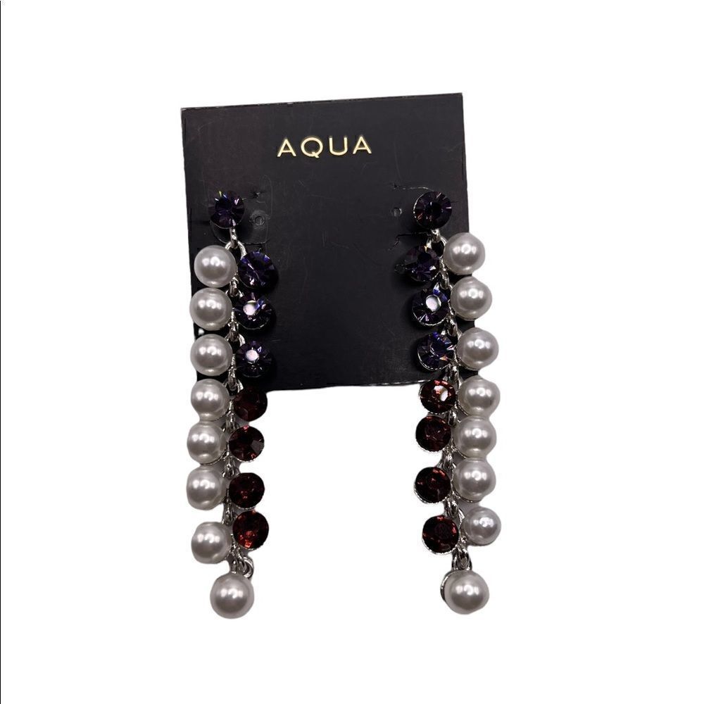 AQUA Silver-Tone Linear Imitation Pearls & Purple Rhinestone Dangle Earrings NWT